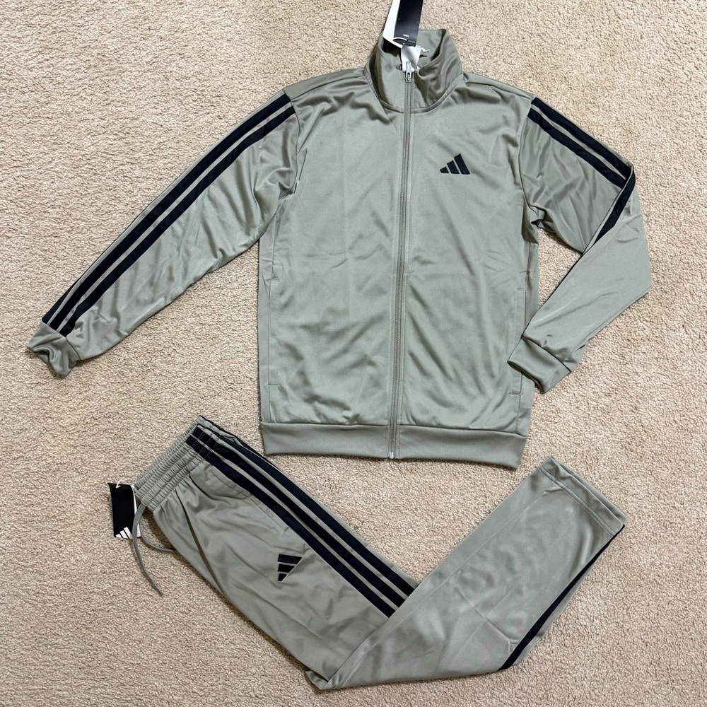 adidas Essentials Tricot 3-Stripes Tracksuit 2 Piece Set Silver Men’s All Sizes
